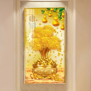 新中式发财树入户门玄关装饰画客厅招财走廊过道满地黄金墙壁挂画