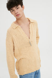 韩国代购 MOONSUN 小众设计品牌 v领粗线纯色针织衣男吴世勋同款
