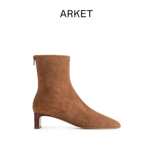 ARKET女士 麂皮高跟弹力袜靴踝靴棕色2024春季新款1222901001