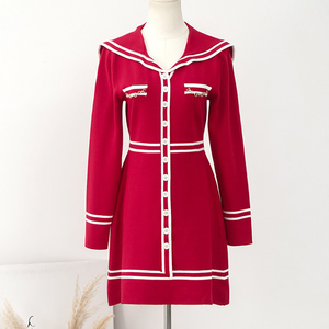 杨幂同款红色中长款针织连衣裙海军领学院风时尚减龄女大红毛衣裙