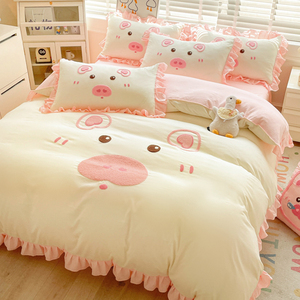 粉色床单单件女生可爱水洗棉被单枕头套三件套一米五床单单人被罩