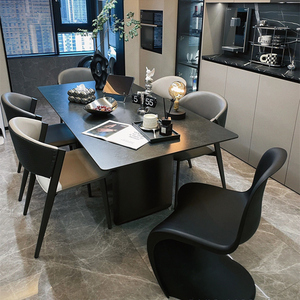 意式轻奢哑光岩板不锈钢餐桌现代简约家用长方形设计师餐桌椅组合