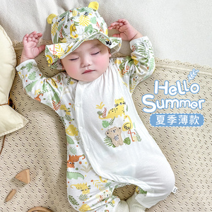 婴儿衣服夏季长袖纯棉婴幼儿连体衣夏天薄款超洋气宝宝外出服带帽