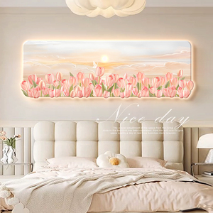 奶油风郁金香主卧室床头装饰画高级感带灯法式花卉治愈系客厅挂画