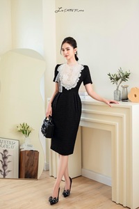 越南小众夏季新品黑白拼接蕾丝刺绣飘带网纱连衣裙气质长裙女A174