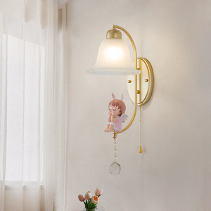 北欧创意女孩卧室床头拉线壁灯法式奶油风客厅背景墙儿童房间壁灯