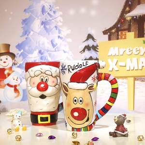 新客减仟度手绘陶瓷杯 麋鹿圣诞老人杯 带盖勺大容量情侣杯 圣诞