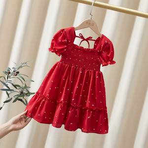 女童红色连衣裙夏季2024新款小童收腰薄款短袖洋气夏装女宝宝裙子