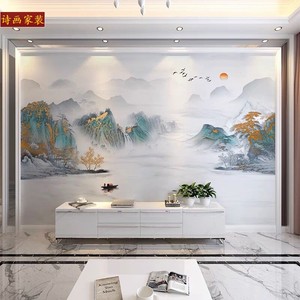 新中式山水墨墙布壁画电视背景墙壁纸3d壁布中国风景墙布客厅沙发
