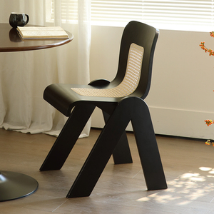 复古靠背藤编餐椅法式实木极简书桌化妆中古C椅黑色意式侘寂凳子
