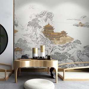 新中式山水壁纸国风阁楼电视沙发背景墙布餐厅定制壁画卧室壁布