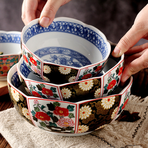 日式陶瓷拉面碗沙拉碗复古怀旧宫廷彩绘传统花纹大汤碗花卉饭碗