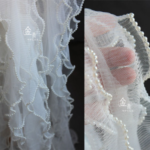 串珍珠百褶波浪肌理立体网纱花边布料 婚纱礼服diy设计师褶皱辅料