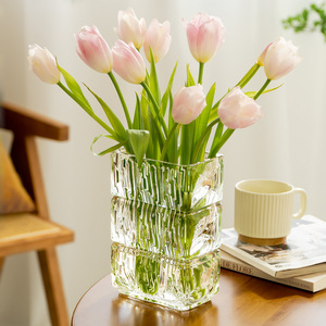 玻璃花瓶摆件客厅插花精致高端网红玫瑰鲜花透明水晶高级感方形小