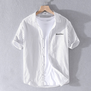汤米高级感条纹衬衫男短袖夏季白色全棉寸衫半袖商务休闲男士衬衣