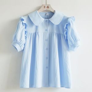 女童娃娃领衬衫2024夏季新款中大童纯棉短袖衬衣女孩洋气纯色上衣