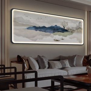 新中式大气客厅装饰画沙发背景墙山水画办公室国画led灯画大尺寸