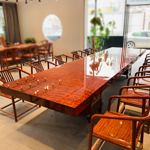 巴花实木大板原木茶桌椅组合老板办公桌红木餐桌黑檀茶台中式家具