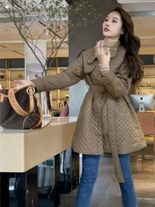 棉服女2021年新款秋冬季韩系设计感小众棉衣菱形羽棉服中长款外套