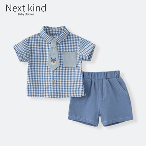 现货Next kind男童夏季套装男宝纯棉衣服宝宝格子衬衫两件套夏装