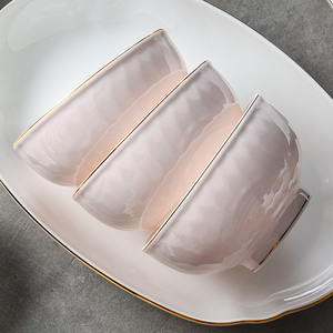 碗家用2024新款高颜值饭碗面碗金边浮雕碗盘碗碟陶瓷餐具套装粉色