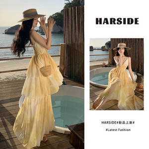 HARSIDE 黄色晕染吊带连衣裙夏性感海边度假沙滩裙超仙蛋糕裙长裙
