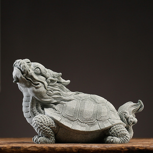 中式招财龙龟鱼缸造景装饰品创意青砂石书房桌面瑞兽玄武石雕摆件