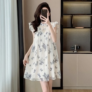 新中式国风印花小飞袖连衣裙女夏季宽松显瘦娃娃裙小个子雪纺短裙