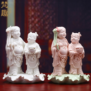 梵趣德化陶瓷彩绘和合二圣摆件吉祥物红瓷摆件陶瓷雕塑艺术品摆件