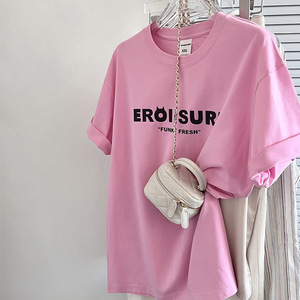 粉色短袖T恤女小众高级感设计印花上衣简约休闲韩版宽松纯棉背心