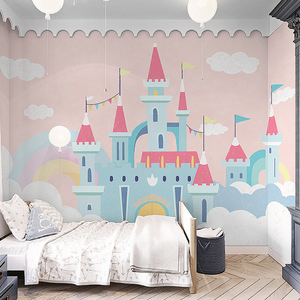 卡通粉色城堡壁纸公主房女孩卧室床头背景墙纸儿童房幼儿园3d墙布