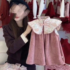 中国风女童冬季加绒连衣裙儿童披肩粉色旗袍裙两件套装宝宝拜年服