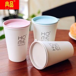 防摔塑料水杯男女学生韩版牛奶杯带盖勺咖啡杯办公泡茶杯子奶茶杯