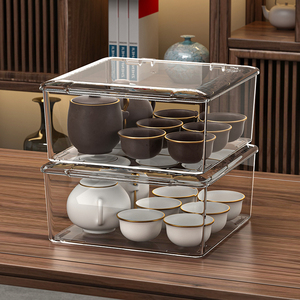 茶具收纳盒带盖防尘透明存放盒家用客厅茶几茶叶功夫茶杯子置物架