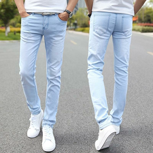 夏季牛仔裤男浅色修身小裤脚薄款浅蓝白色有弹性休闲裤子男士超薄