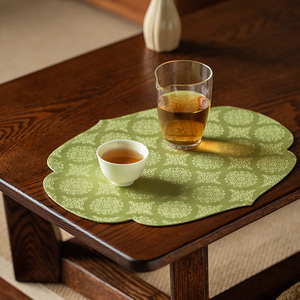 知舍海棠莲花一人茶席布垫子绿色圆形小尺寸新中式双面干泡台杯垫