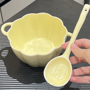奶fufu双耳碗可爱南瓜碗蒸蛋碗家用陶瓷碗釉下彩沙拉碗2024新款