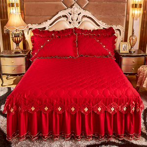 全棉大红刺绣边婚庆结婚床裙三件套全棉床罩加厚夹棉防滑床套单件