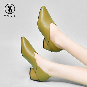 YTYA舒适粗跟单鞋女2024年四季鞋尖头女式真皮鞋中跟夏季软底皮鞋