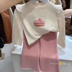 韩系韩国童装女童针织衫春秋季新洋气时髦印花甜美T恤休闲百搭套