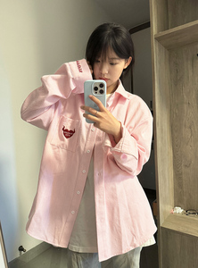 韩版hiphop粉色条纹Polo领长袖衬衫女春秋宽松设计感百搭衬衣外套