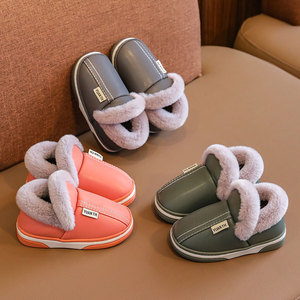 儿童棉拖鞋包跟冬季女童PU皮面防水小孩室内家居保暖男童宝宝棉鞋