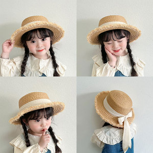 优雅日系儿童帽子夏季女童大檐遮阳帽度假宝宝沙滩草帽亲子太阳帽
