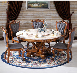 克莱尔欧式圆形天然大理石餐桌 乌金木实木移动带转盘高档餐桌