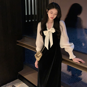 名媛高级感女装时尚长裙赫本风法式黑色连衣裙子女秋冬季2022新款