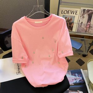 粉色小熊镶钻短袖t恤女2024新款夏季百搭洋气小众设计感休闲上衣