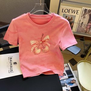 粉色扎染镶钻樱桃短袖t恤女夏季短款小众设计感修身百搭显瘦上衣