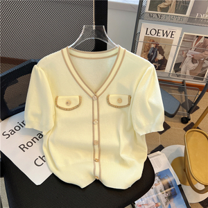 奶黄色小香风短袖针织开衫女夏季百搭减龄洋气宽松设计感小众上衣