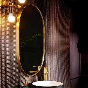 纯正黄铜椭圆形浴室镜家用卫生间轻奢镜子北欧壁挂式金色梳妆镜