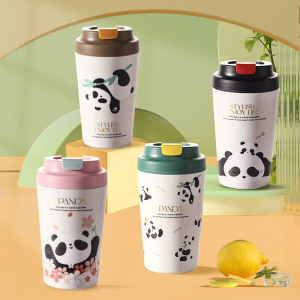 真陶瓷内胆咖啡杯水杯纯陶瓷儿童保温杯可爱熊猫大容量外出随行杯
